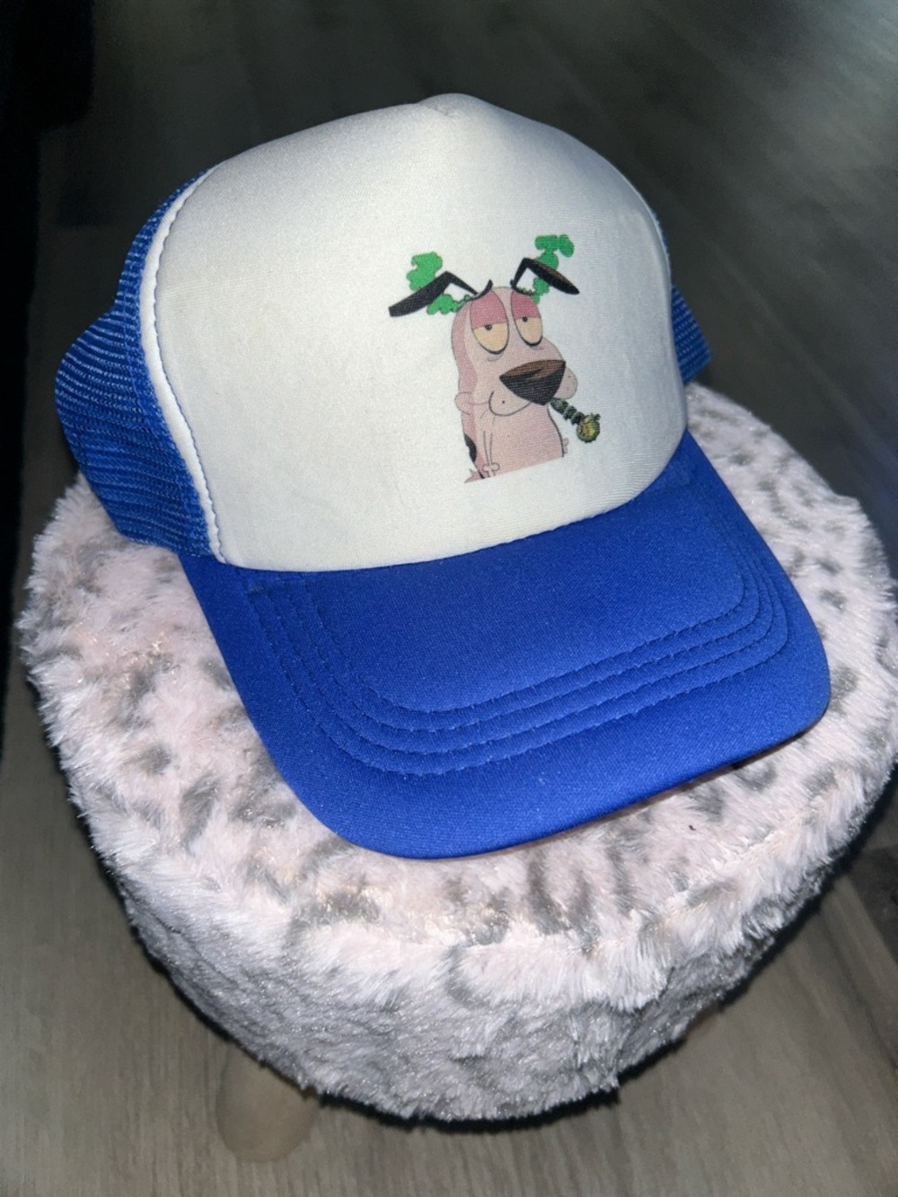 Blue and White courage the cowardly dog Trucker Hat with 420 Design